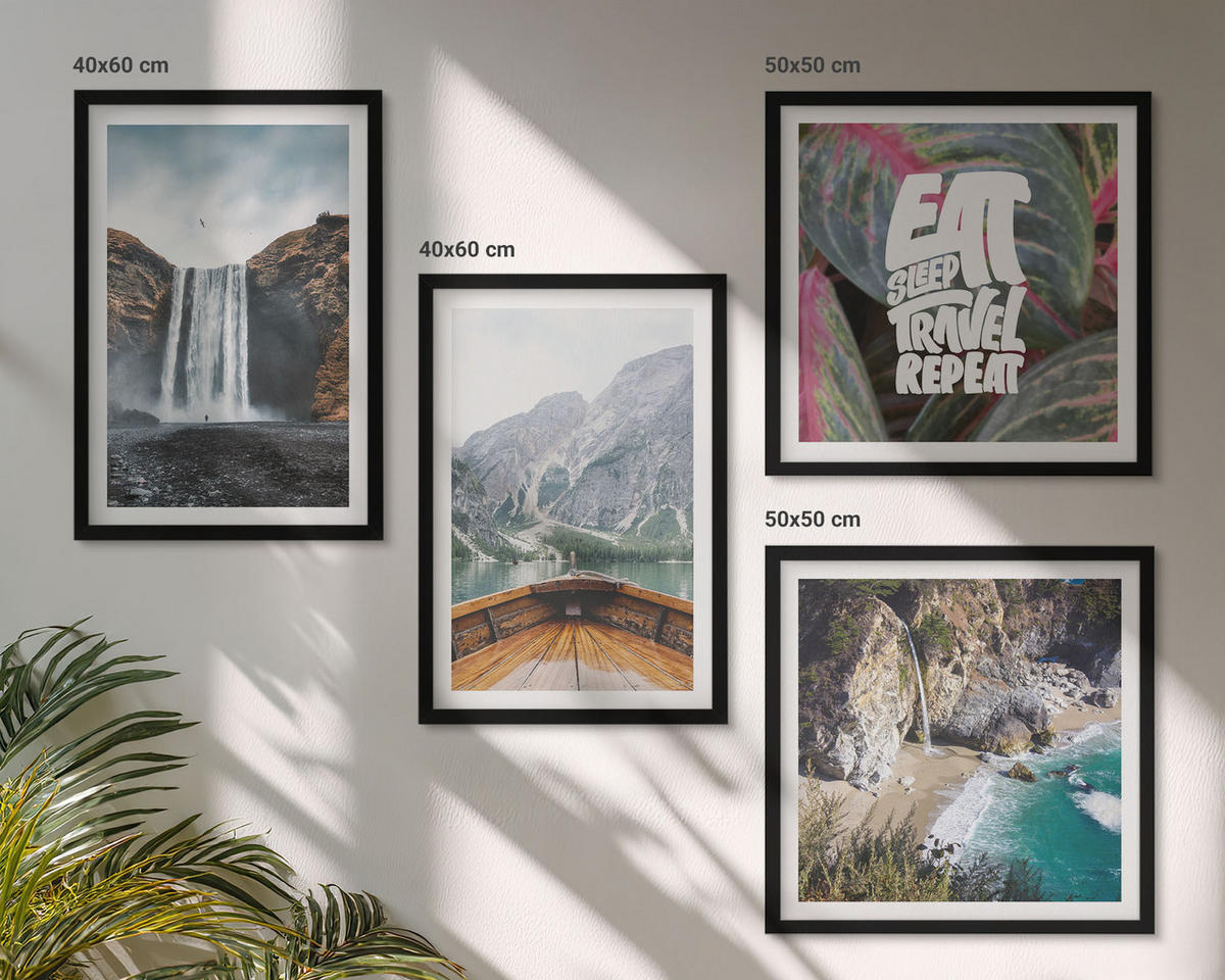 WANDBILDER 4er-Set - 50x50 cm & 40x60 cm Schwarzer Rahmen - Wasserfall Bergreise Natur - Schwarz, Kunststoff (50/50cm) - ArtPrintCave