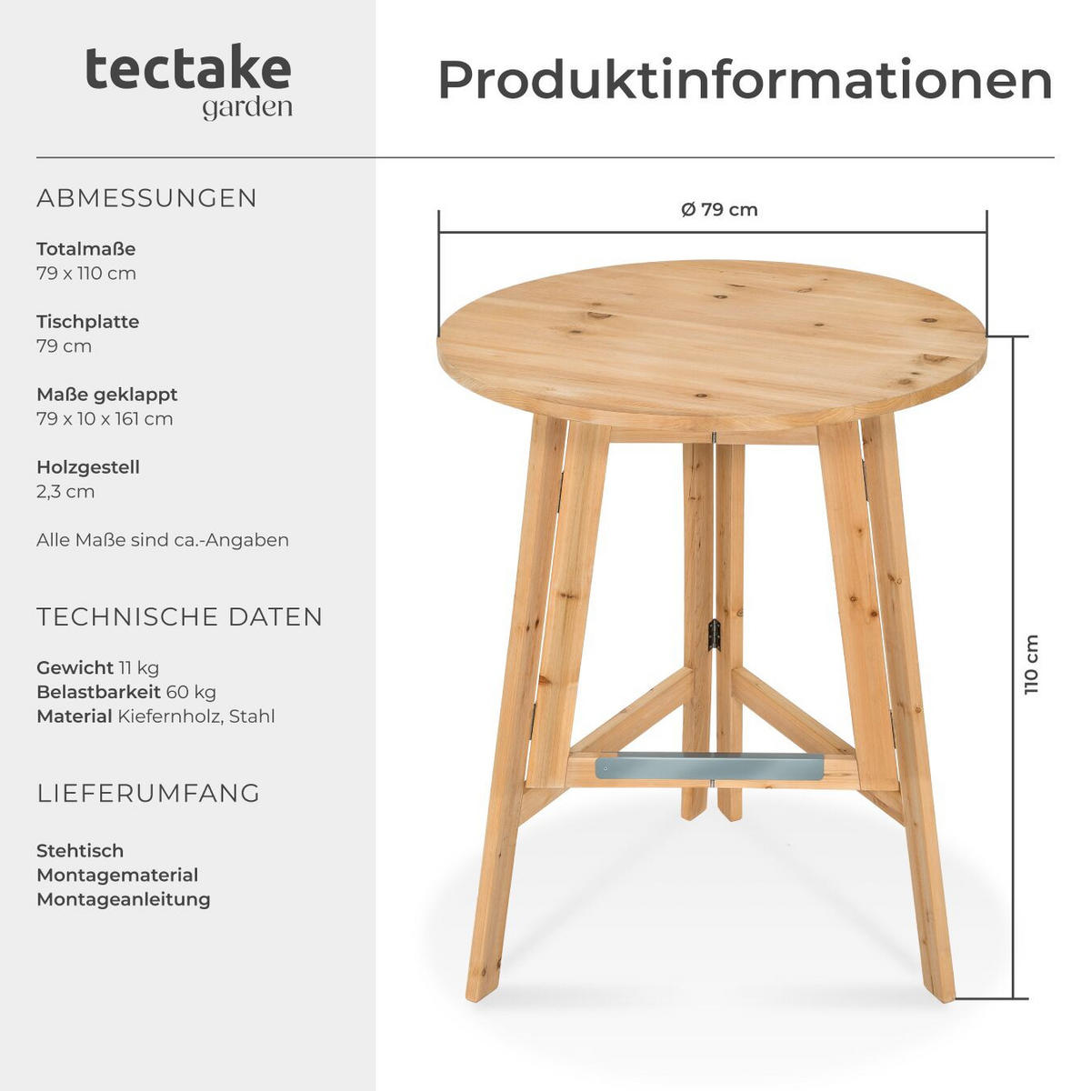 STEHTISCH Trix,Stabilisierungsschiene aus Metall,braun - Braun, Holz (79/79/110cm) - tectake