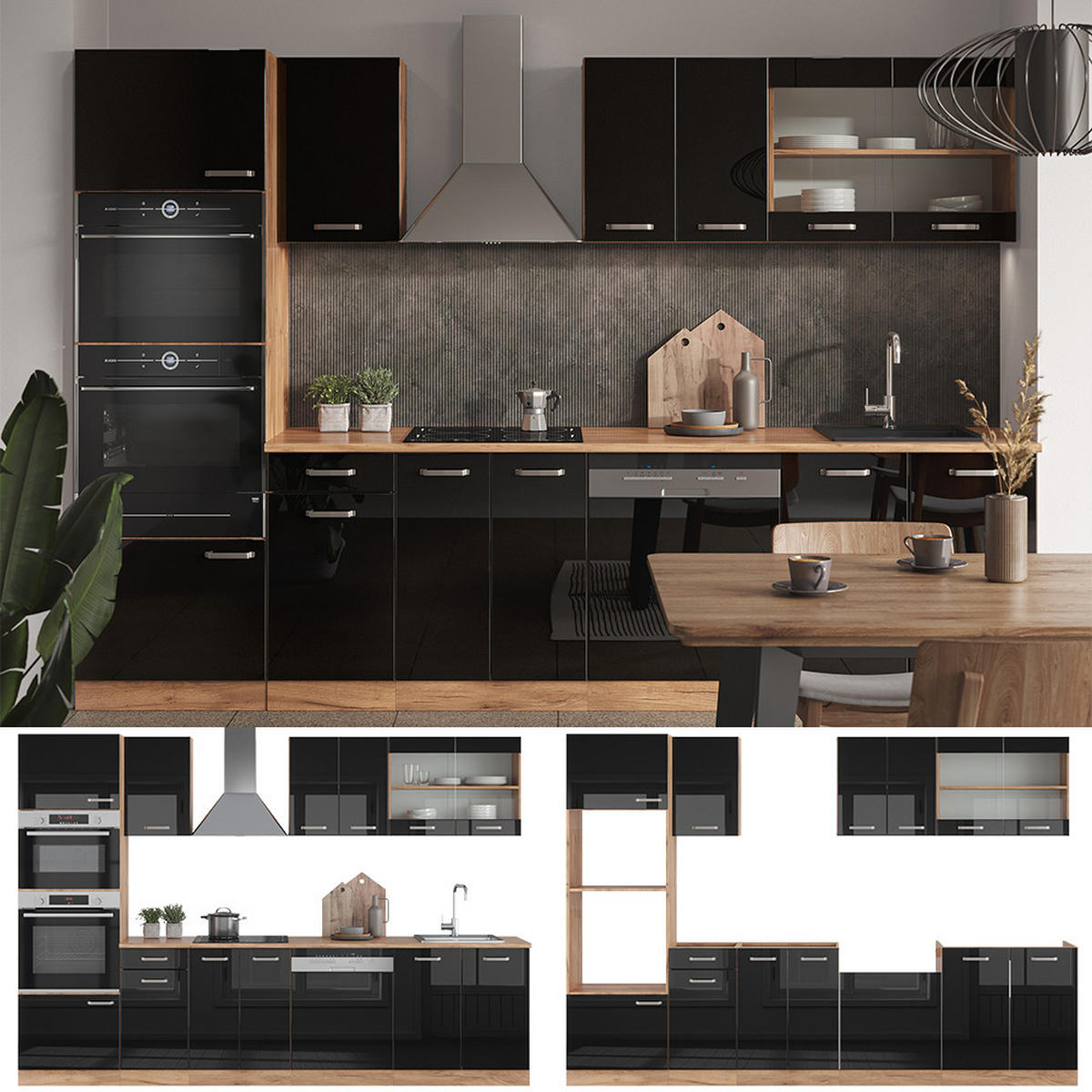 KÜCHENZEILE R-Line Schwarz Hochglanz/Goldkraft Eiche 300 cm mit Hochschrank ohne AP - Honigeiche/Schwarz Hochglanz, Holzwerkstoff (300/81.6/46cm) - Vicco
