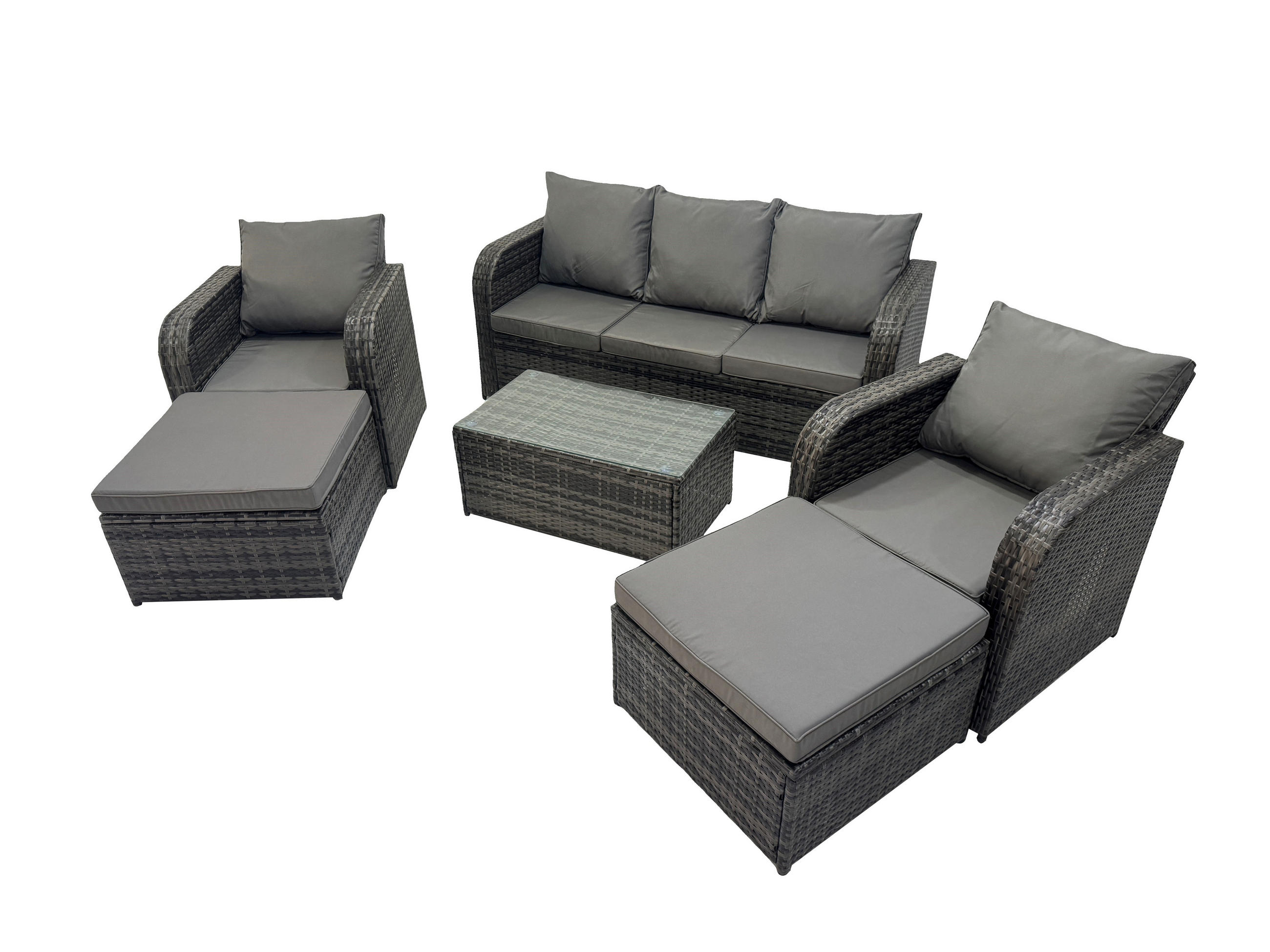 GARTENMÖBELGARNITUR mit KISSEN Polyrattan Dunkelgrau 7-Sitzer - Dunkelgrau/Grau, Glas/Kunststoff - Fimous