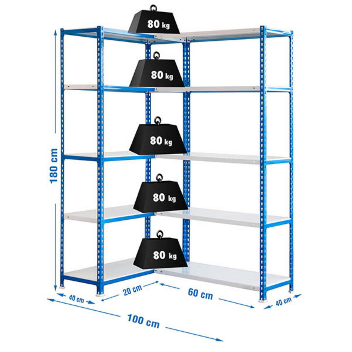 ECKREGAL METAL SHARK | HxBxT 180x100x40cm | Fachlast 80kg | Blau - Blau, Metall (100/180/40cm) - PROREGAL