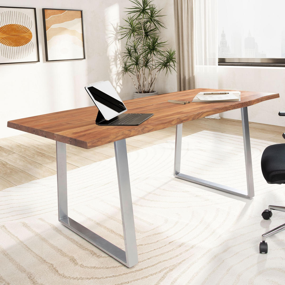 SCHREIBTISCH Massivholz Baumkante Chromgestell Handarbeit TARN, Goldbraun-Chrom 180x90x76 cm - Chromfarben/Braun, Holz/Metall (90/180/76cm) - KADIMA DESIGN