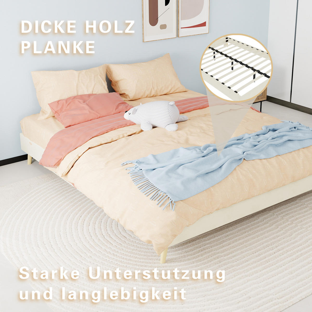 BETT 160/200 cm in Beige Stoff mit niedrigem Rahmen und modernem Design - Beige/Naturfarben, Holzwerkstoff/Textil (160/200cm) - STILVORA