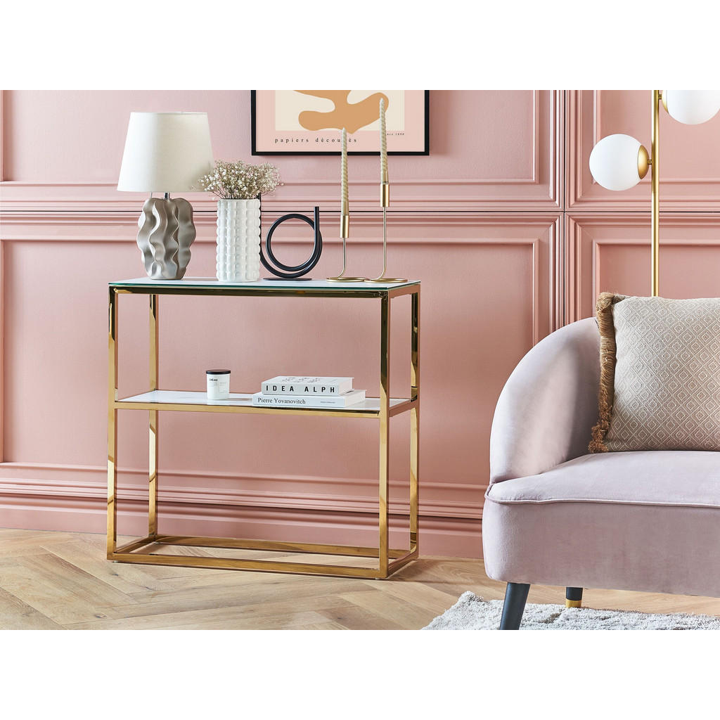 Thumbnail - Beliani Konsolentisch, Weiß, Gold, Glas, 80x78x30 cm, Wohnzimmer, Wohnzimmertische, Konsolentische
