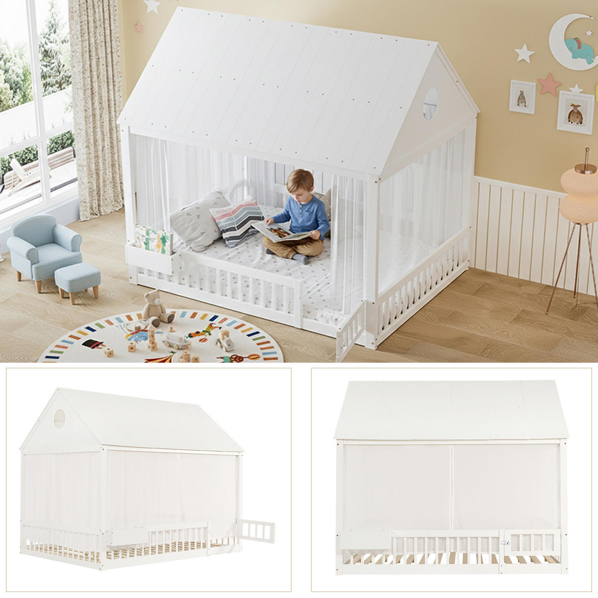 KINDERBETT 140x200 cm Hausdesign Vorhang - Weiß, Holz (140/200cm) - LEBENLANG