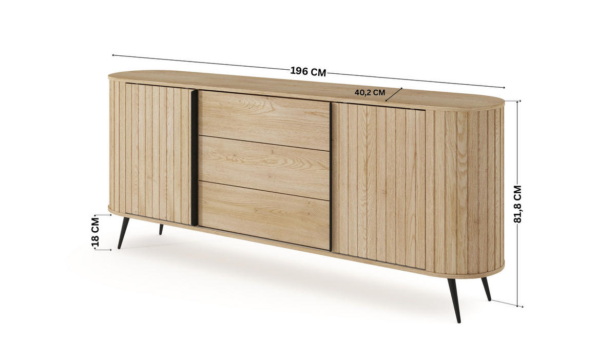 SIDEBOARD LOVI 196 cm Eiche Cremona - mit Schiebetüren und Riffel-Front - Eichefarben/Schwarz, Holz/Holzwerkstoff (196/82/40cm) - Ravio