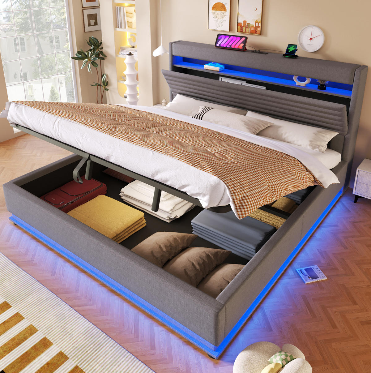 POLSTERBETT mit Stauraum 180x200 cm Leinen Grau mit LED und USB - Grau, Metall (180/200cm) - Meubliv