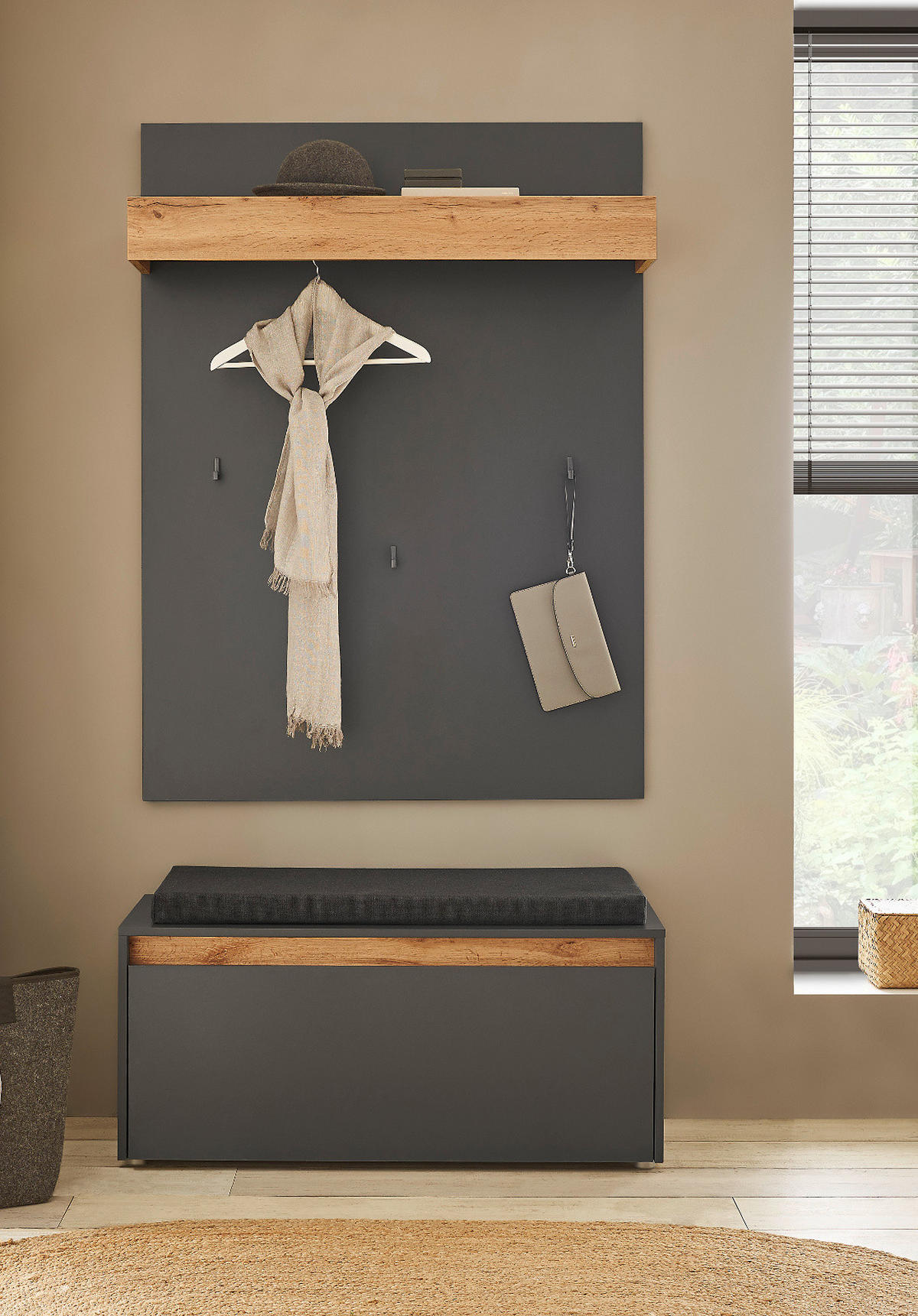 GARDEROBEN-SET 3-teilig grau matt, Eiche Wotan 100 cm, Flurgarderobe inklusive Sitzkissen - Silberfarben/Eiche Wotan, Holzwerkstoff/Kunststoff (100/200/40cm) - Furn.Design