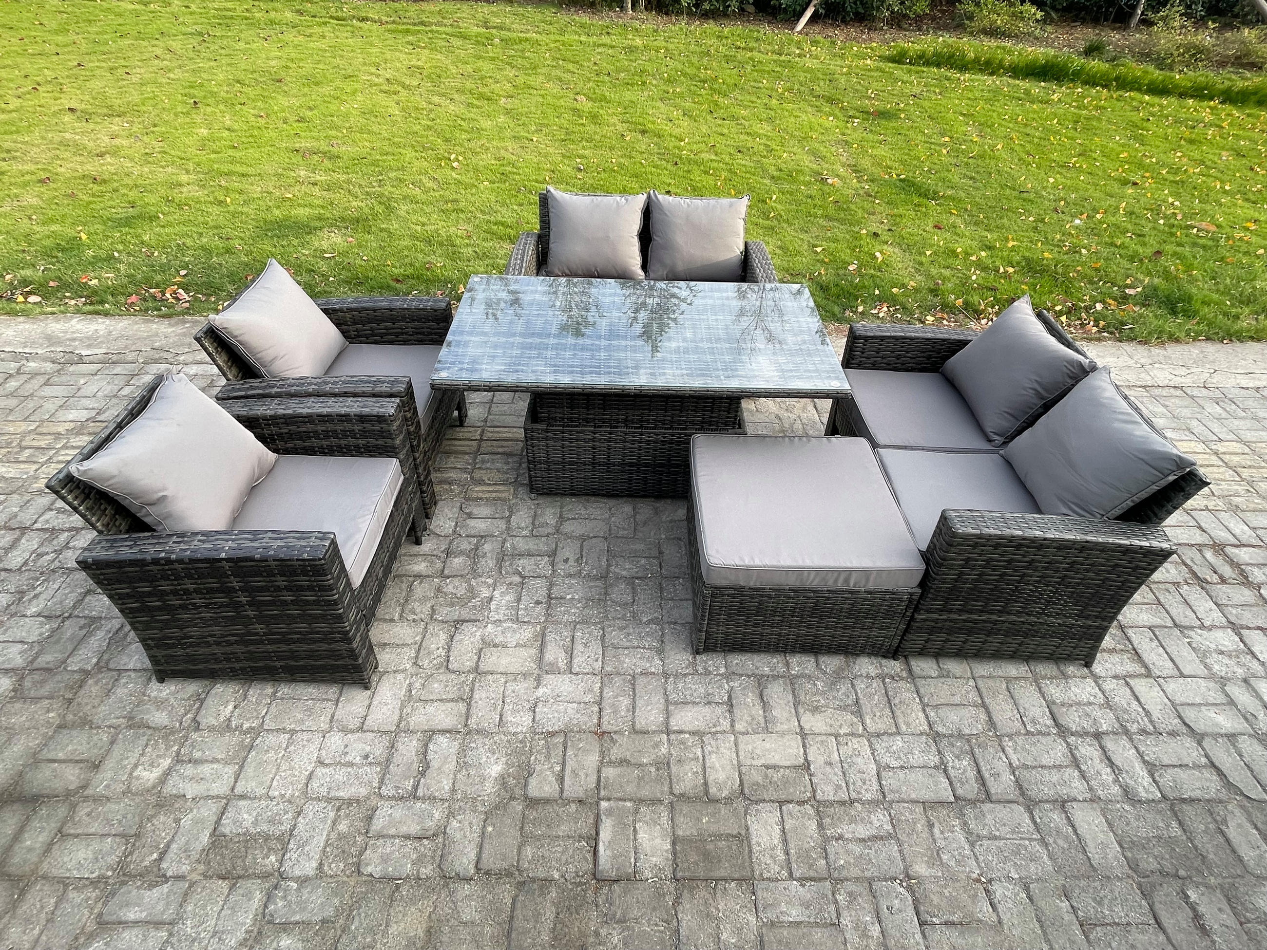 GARTENSET Polyrattan Dunkelgrau 7-Sitzer - Dunkelgrau, Metall - Fimous