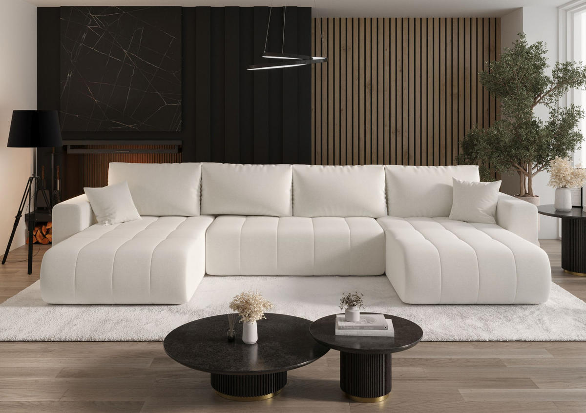 SEDACÍ souprava LARA tvar U bílá pletená tkanina Wind 2 - funkce spaní, úložný prostor - bílá, textil (385/85/175cm) - Cornero