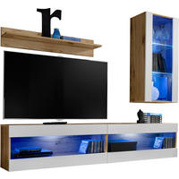 WOHNWAND TIVOLI SET5-WOTAN/WHITE+BLU Offener Raum Wotan Weiß - Eiche Wotan/Weiß, Glas/Holzwerkstoff (200/195/35cm) - Komodee