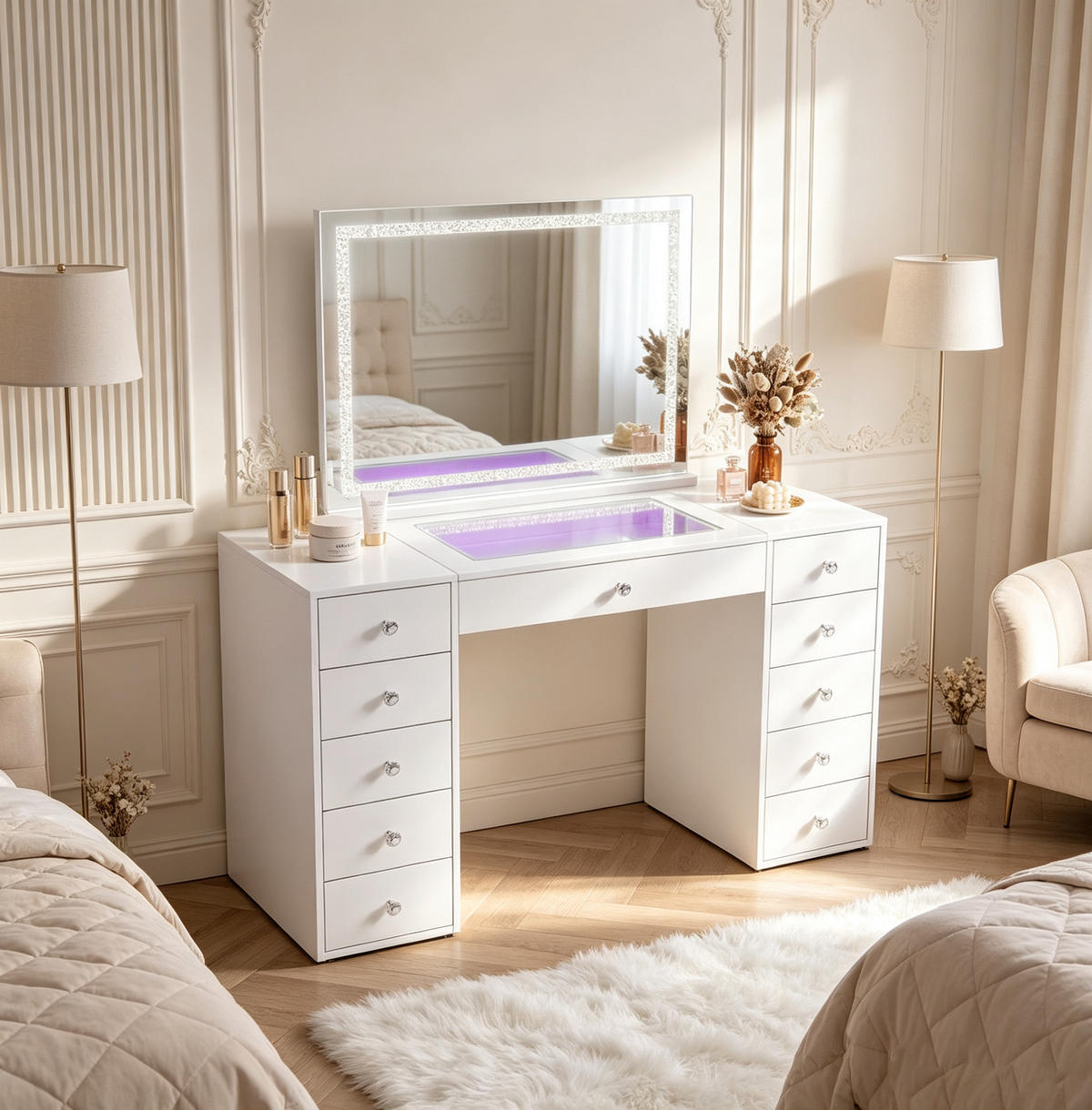 SCHMINKTISCH mit Beleuchtung Spiegel Diamanten und Bluetooth weiß 130/55/141 CM - Weiß, Holz (130/81/55cm) - VANITII