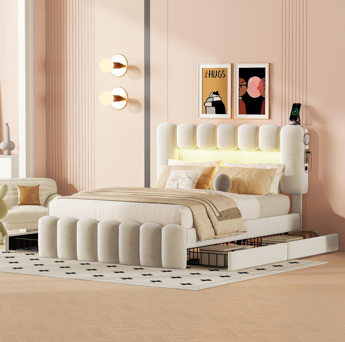 POLSTERBETT 140/200 cm Beige mit 4 Schubladen und LED-Beleuchtung - Beige, Textil (140/200cm) - OKWISH