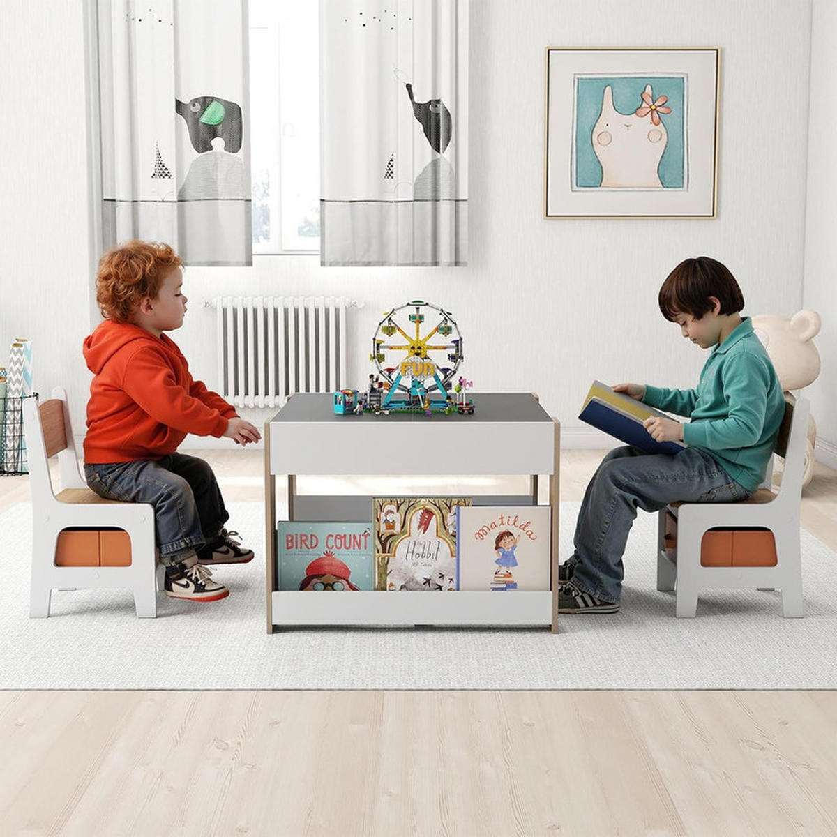 KINDERTISCH mit Stuhl natur(3-tlg) - Naturfarben, Holzwerkstoff (61.5/48/61.5cm) - COSTWAY
