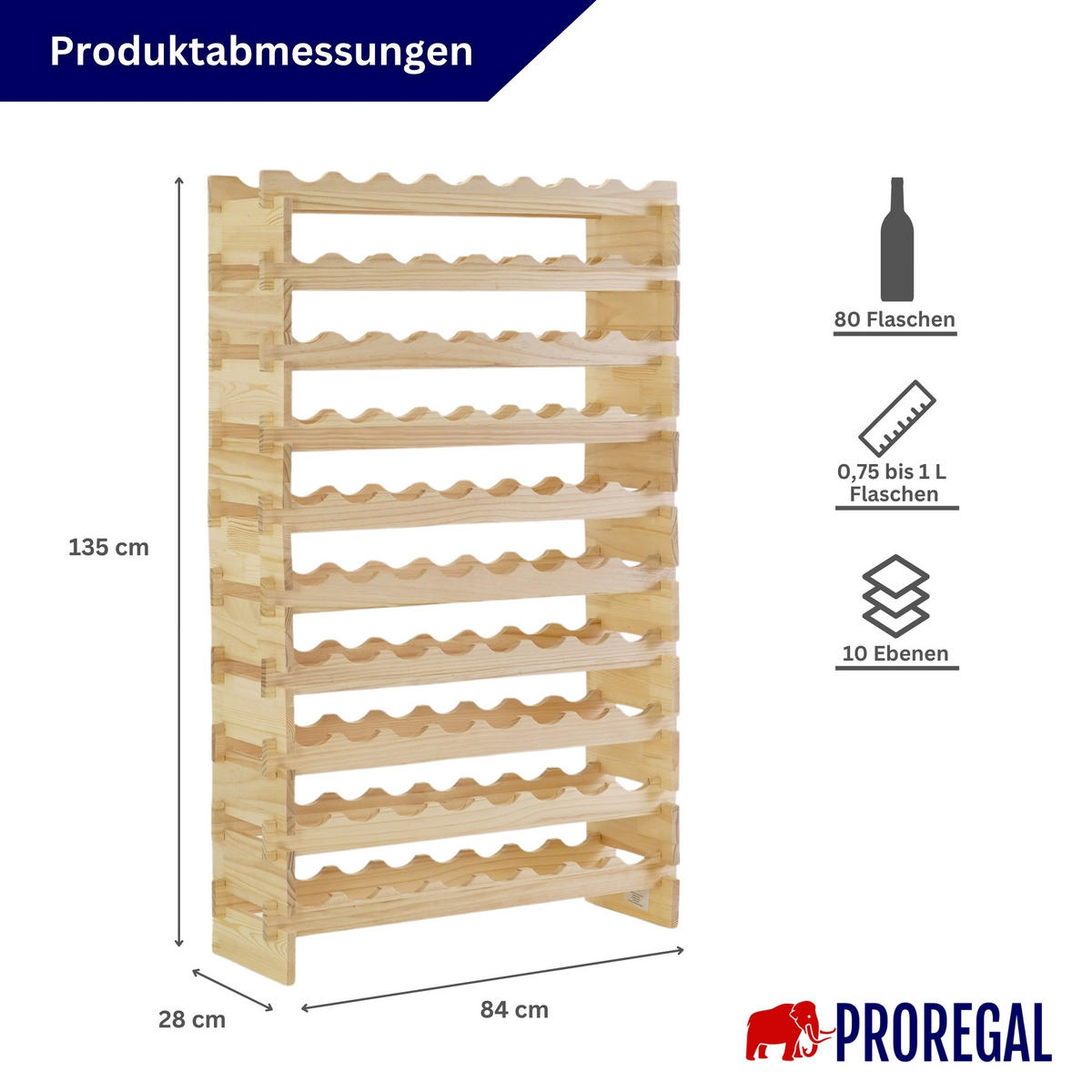 WEINREGAL NAVARRA aus Holz 135x84x28cm 80 Flaschen auf 10 Ebenen Natur unbehandelt - Naturfarben, Holz (84/135/28cm) - PROREGAL