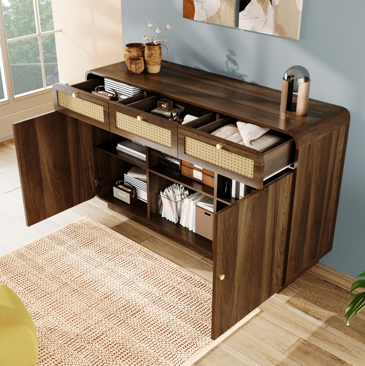 SIDEBOARD 120/40/85 cm Nussbaum aus MDF mit Rattanfronten und 3 Schubladen - Walnussfarben, Holzwerkstoff (120/85/40cm) - OKWISH