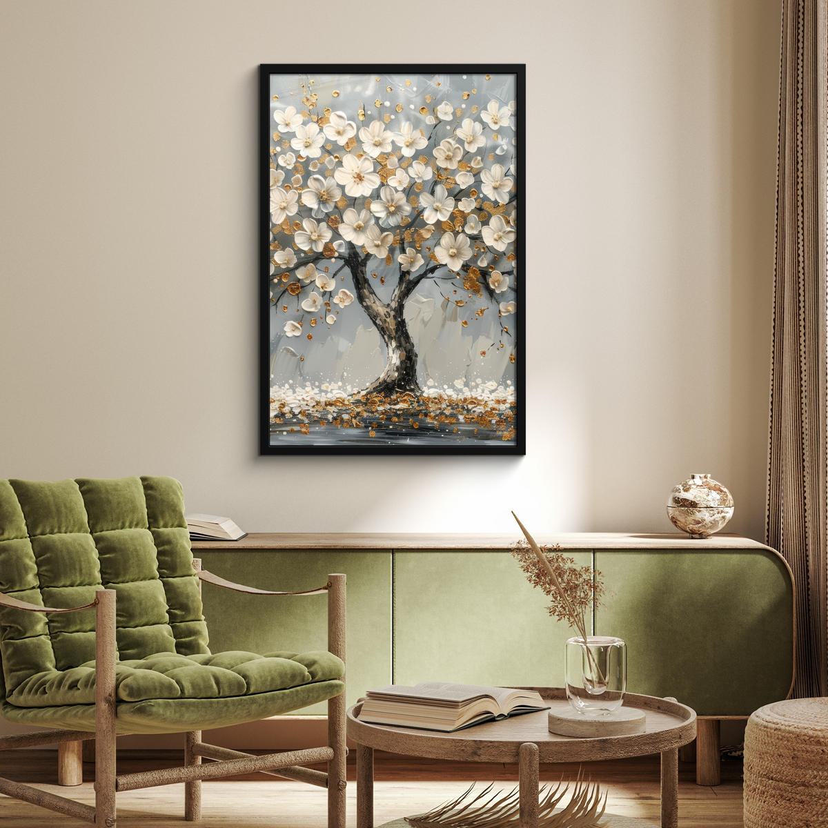 POSTER MIT RAHMEN Baum - Blumen - Weiß - Natur - Kunst 60x90 cm - Weiß, Papier (60/90cm) - MuchoWow