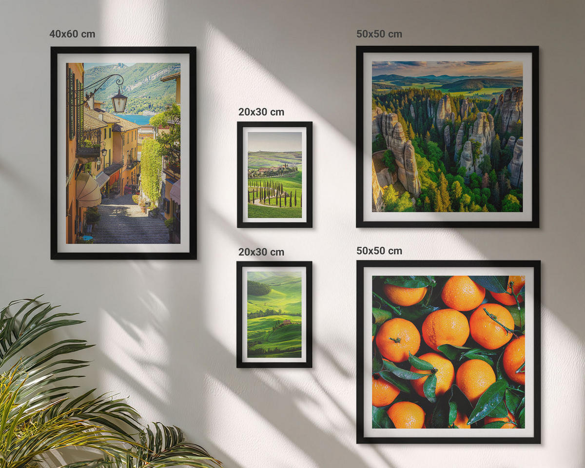 WANDBILDER 5er-Set - 50x50 cm & 20x30 cm & 40x60 cm Schwarzer Rahmen - Italienische Landschaft Orangen Natur - Schwarz, Kunststoff (40/60cm) - ArtPrintCave
