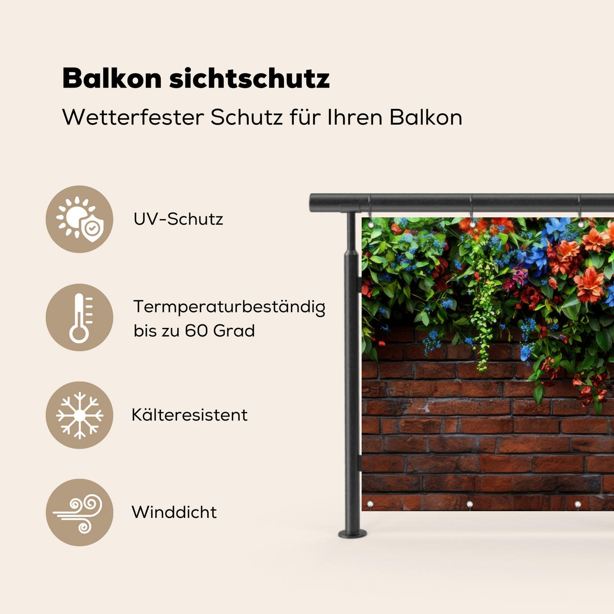 BALKON-SICHTSCHUTZ Blumen - Wand - Grün - Orange - Rotbraun, Kunststoff (200/110cm) - MuchoWow