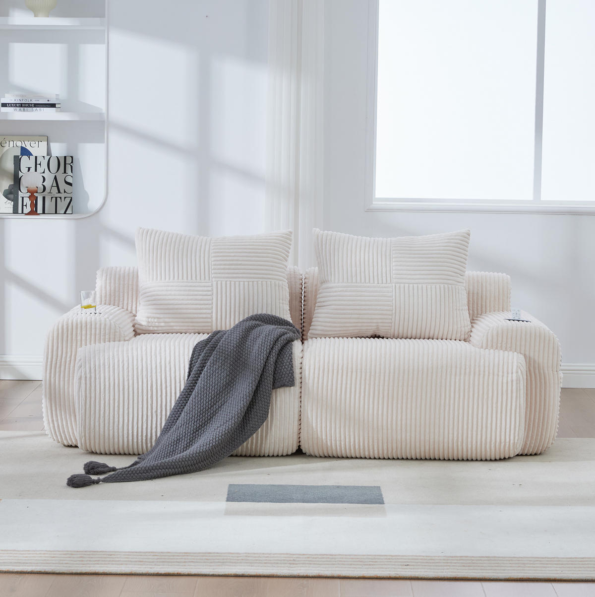 2-SITZER Sofa Cord mit Getränkehalter und Seitentasche 200/99/80 cm Beige - Beige, Textil (99/80/200cm) - Redom