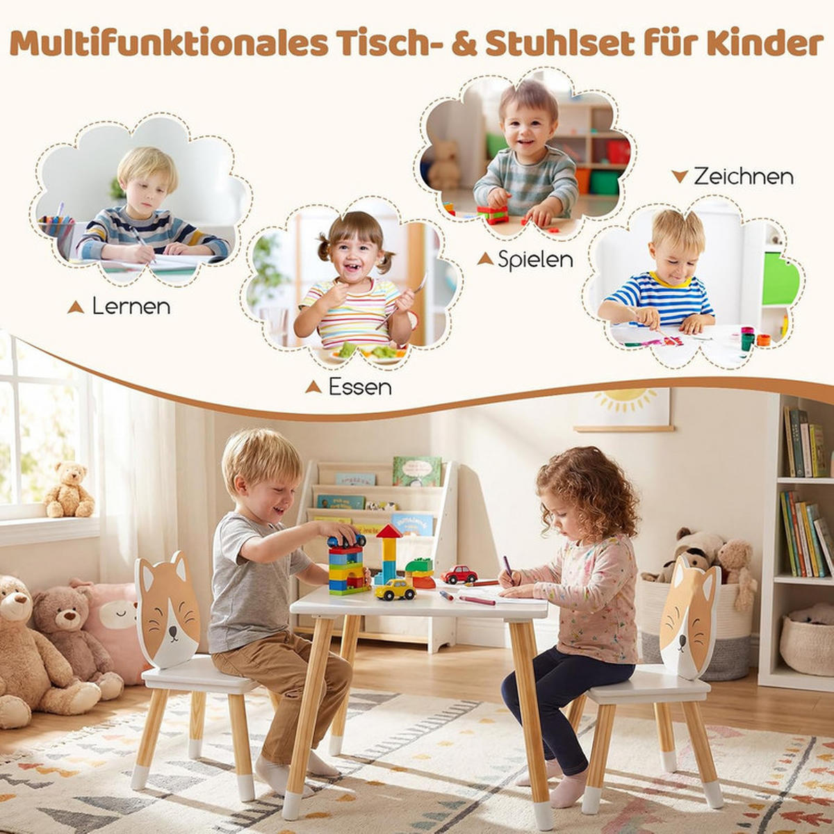 KINDERSITZGRUPPE Kiefernholzbeine weiß(3-tlg) - Weiß, Holzwerkstoff (50/44/50cm) - COSTWAY