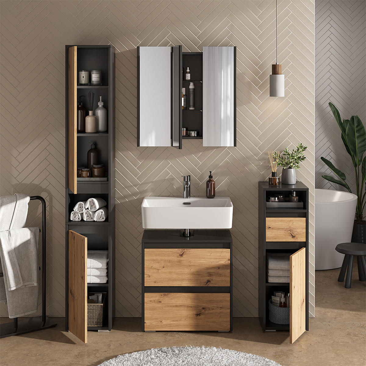 BADSPIEGELSCHRANK Majest Anthrazit 67.4 x 68 cm mit 3 Spiegeltüren - Anthrazit, Holzwerkstoff (67.4/68/17cm) - Vicco