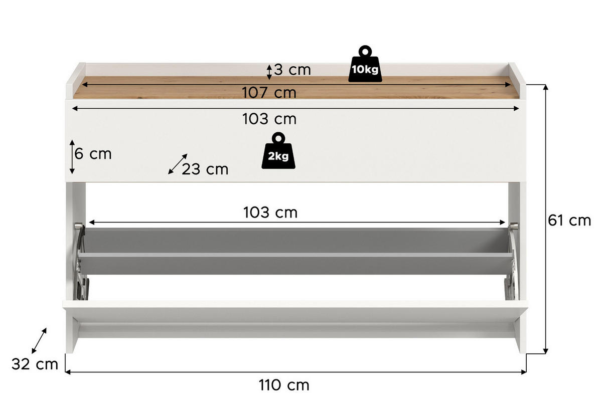 SCHUHKIPPER weiß und Artisan Eiche, Schuhschrank hängend 110 x 61 cm, Borga - Weiß/Eiche Artisan, Holzwerkstoff (110/61/32cm) - Inn.Furn