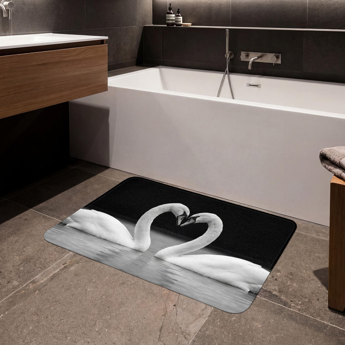 KOUPELNOVÁ PŘEDLOŽKA Labutě - srdce - černá - bílá 90x60 cm - černá, textil/plast (90/60cm)