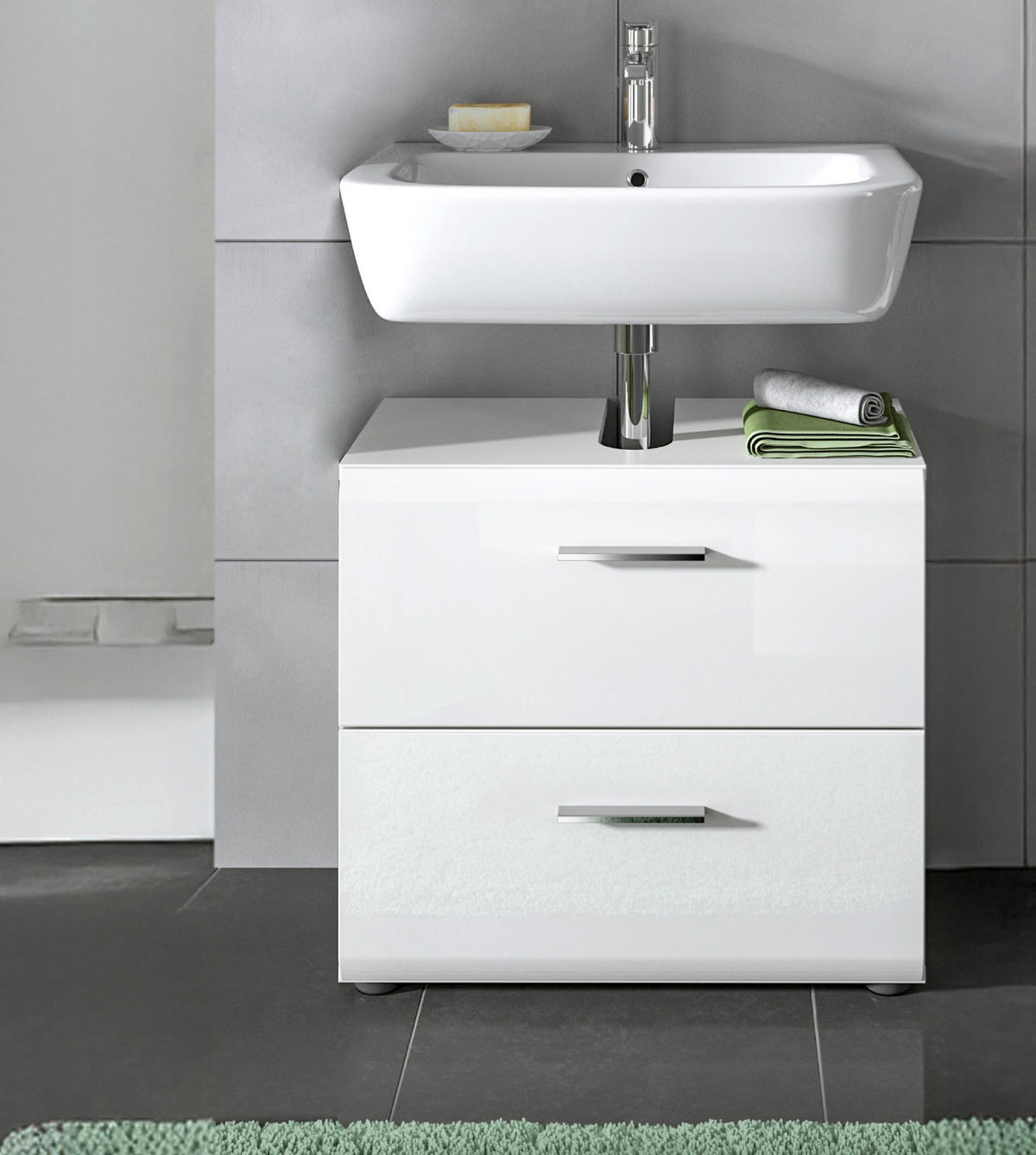 WASCHBECKENUNTERSCHRANK weiß Hochglanz, Badezimmer Unterschrank 60 cm - Weiß Hochglanz/Schwarz, Holzwerkstoff/Kunststoff (60/54/30cm) - Inn.Furn