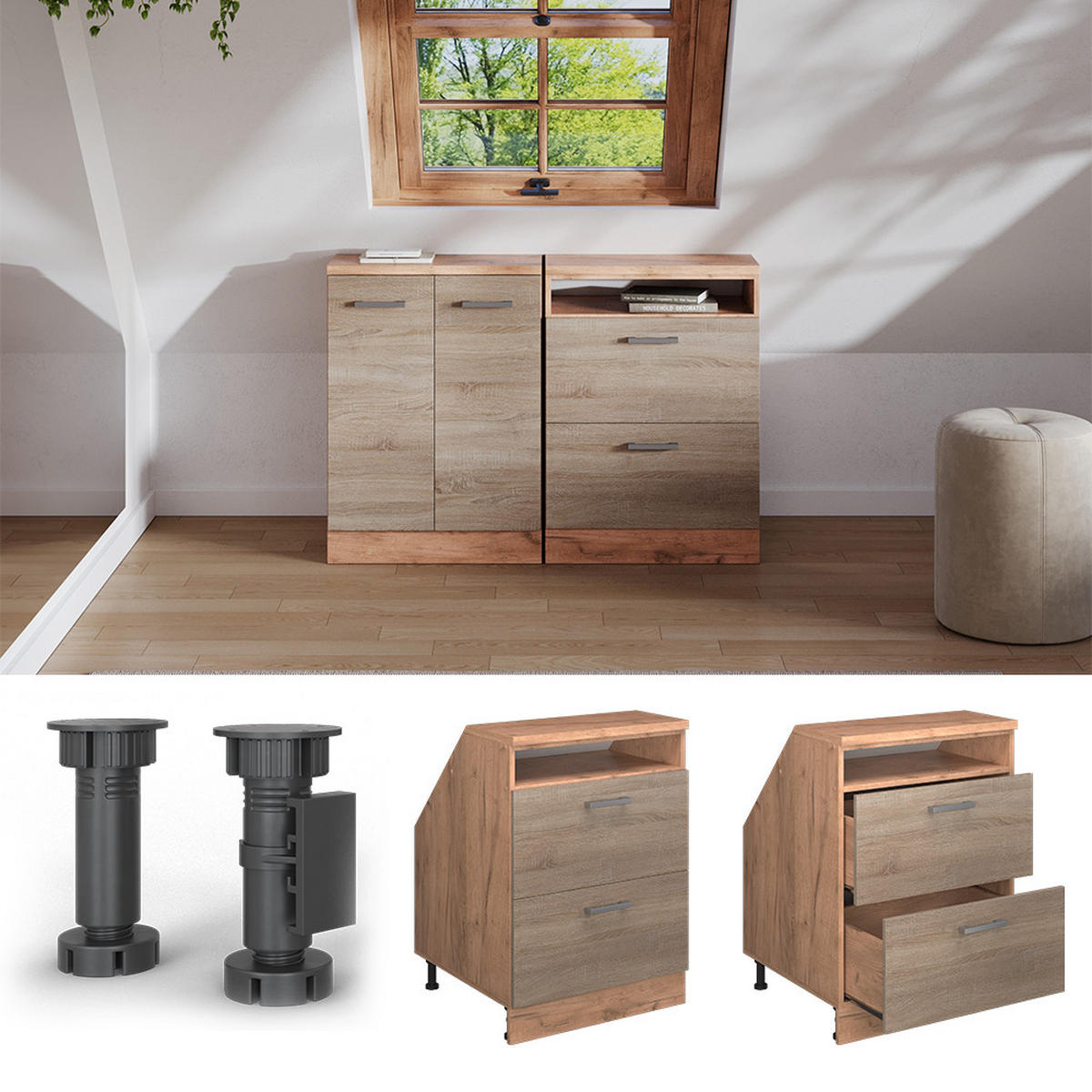 ŠIKMÁ SKRIŇA Rion Sonoma 60 x 81.6 cm s 2 zásuvkami, korpus skrine hĺbka 60 cm - dub medový/dub sonoma, kompozitné drevo (60/83.8/60cm) - Vicco