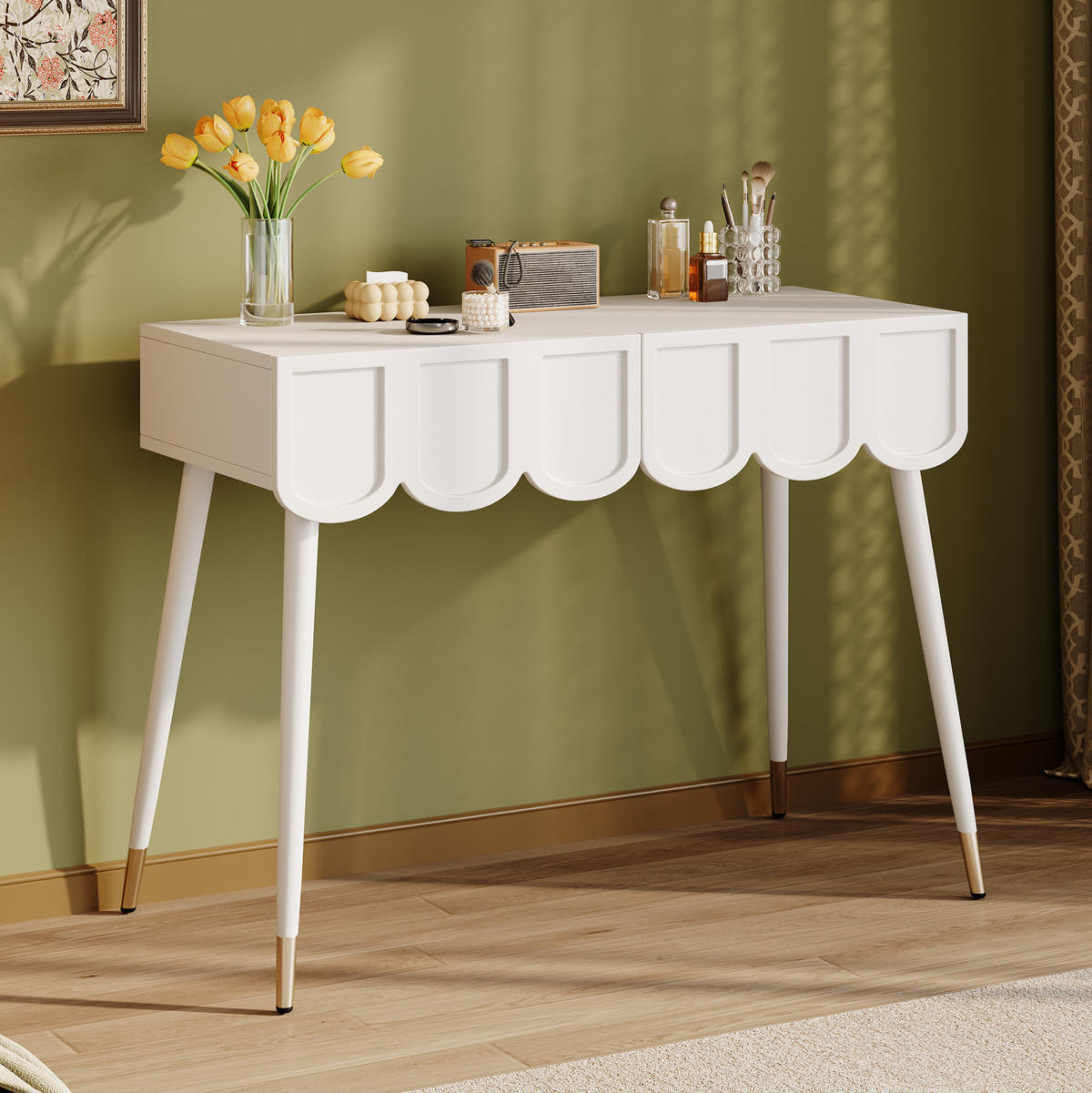 SCHMINKTISCH aus MDF und Spanplatte 100x40x76 cm Weiß mit 2 Schubladen und Metallfüßen, auch als Schreibtisch nutzbar - Weiß, Holzwerkstoff (100/76/40cm) - Modfu