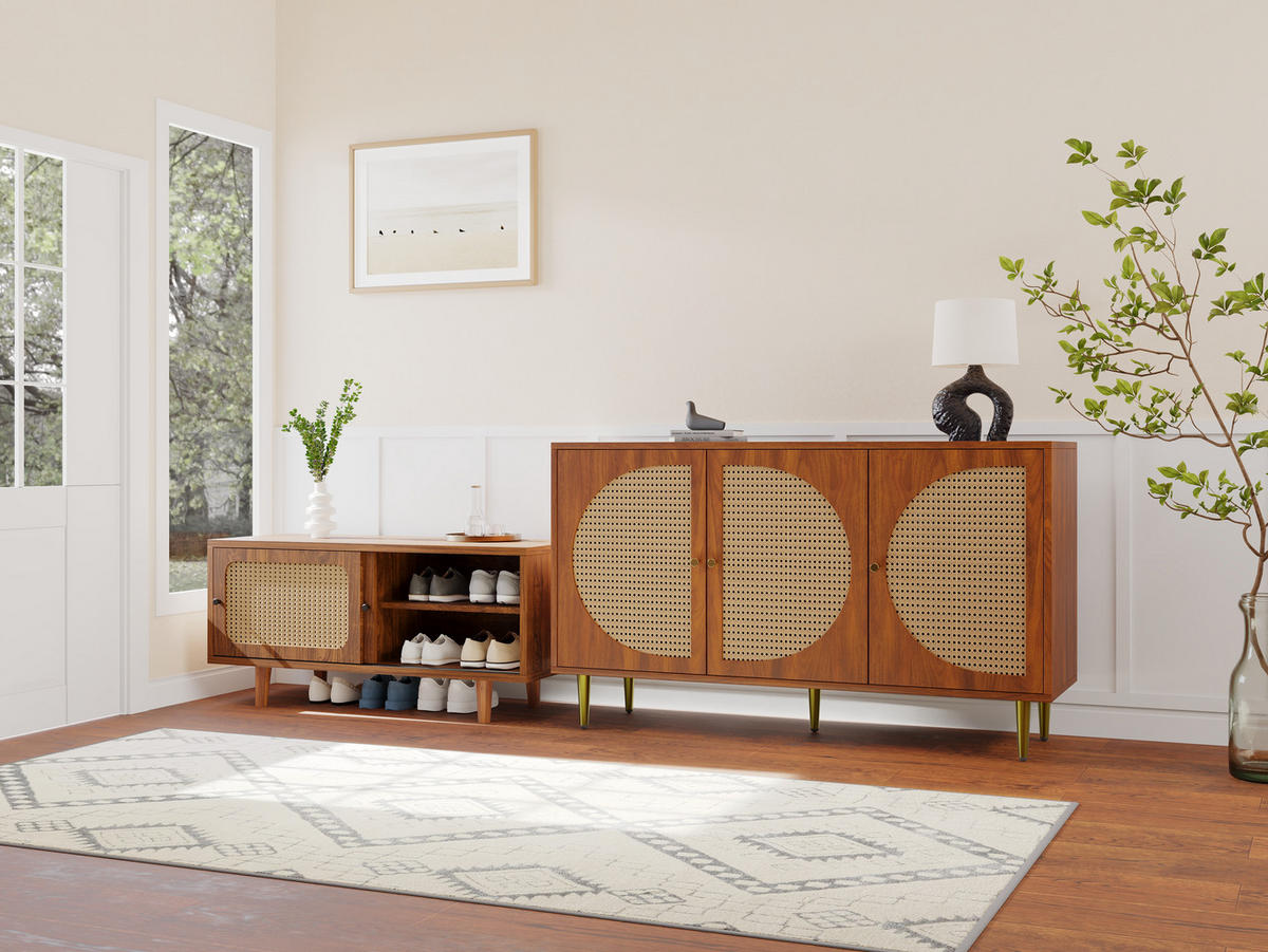 SCHUHSCHRANK-SET 2-teilig (Rattan-Kommode und Schuhschrank), 104/40/48 cm (Standardmaß), Rattan/Spanplatte, Walnuss - Walnussfarben, Holzwerkstoff (40/48/104cm) - Redom