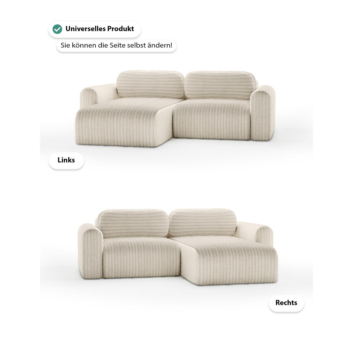 ECKSOFA mit Schlaffunktion Emmen Mini, Creme - Creme, Textil (246/100cm) - Fedve