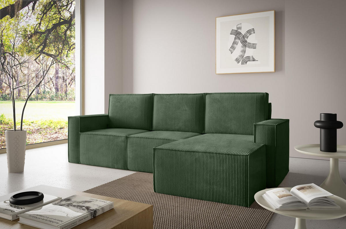 ECKSOFA Orto Grün, Dreisitzer Kordecksofa rechte seite - Grün, Holzwerkstoff/Textil (180/142cm) - Bettso