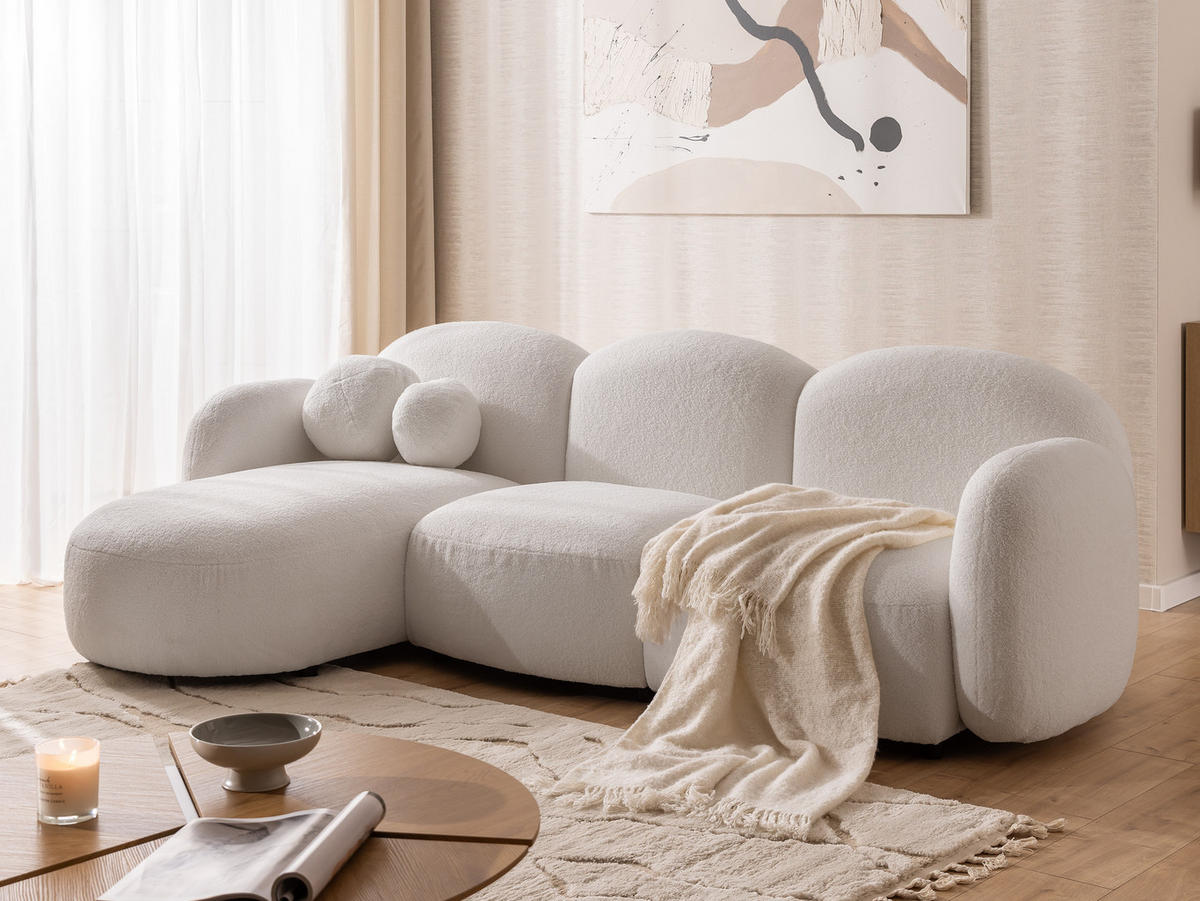 ECKSOFA Nuvola mit abgerundetem Design Weiß Bouclé-Stoff - Ottomane Links - Schwarz/Weiß, Holz/Kunststoff (268/146cm) - S-Style Möbel