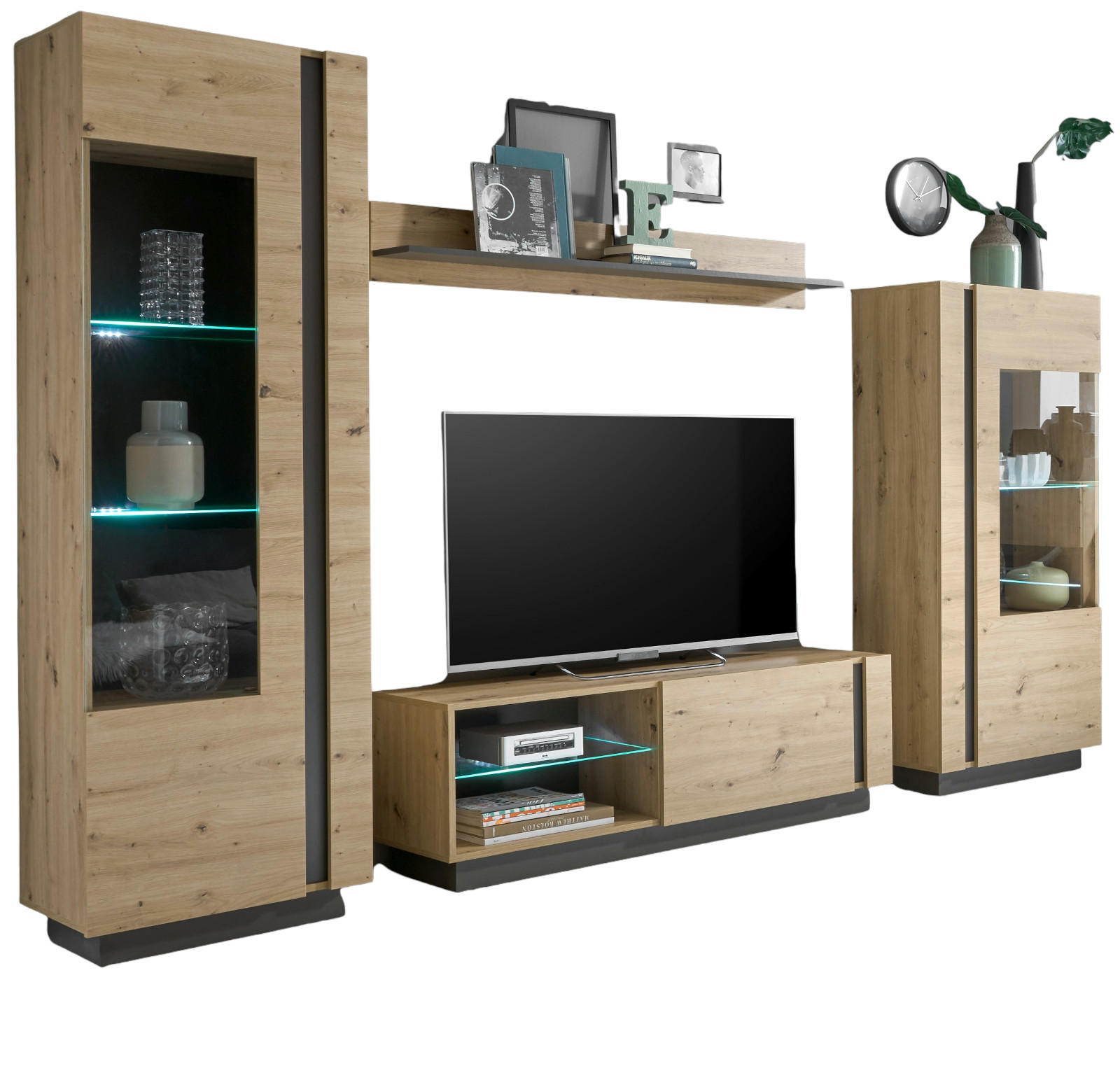 WOHNWAND 4-teilig Eiche Artisan, Graphit grau 290 cm, Schrankwand mit Soft-Close - Eiche Artisan/Grau, Glas/Holz (290/194/40cm) - Furn.Design