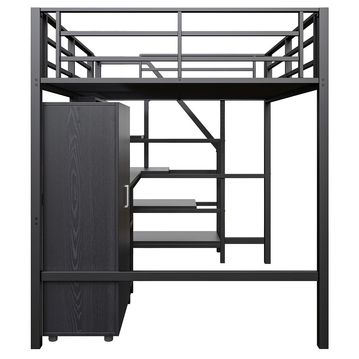HOCHBETT aus Metall und MDF 140x200 cm Schwarz mit Kleiderschrank, Regalen, Ablageleiter und Schreibtisch - Schwarz, Metall (90/180cm) - Modfu