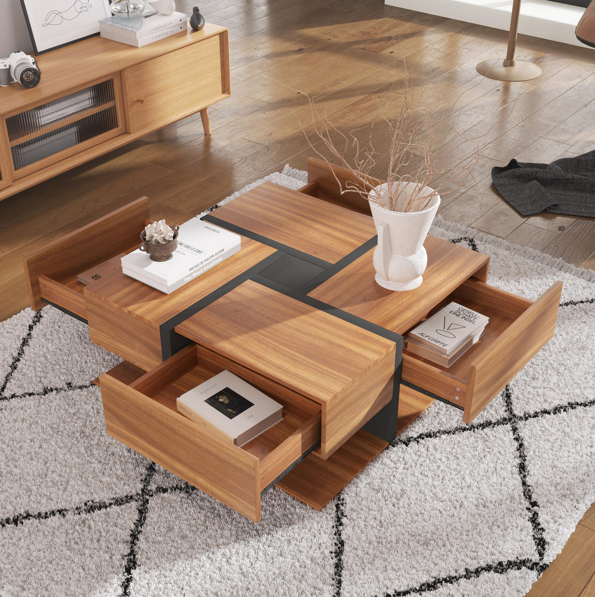COUCHTISCH 78/78 cm mit 4 Schubladen und Ablageboden in Schwarz/Natur - Naturfarben, Holzwerkstoff (78/78/36cm) - BEAOK