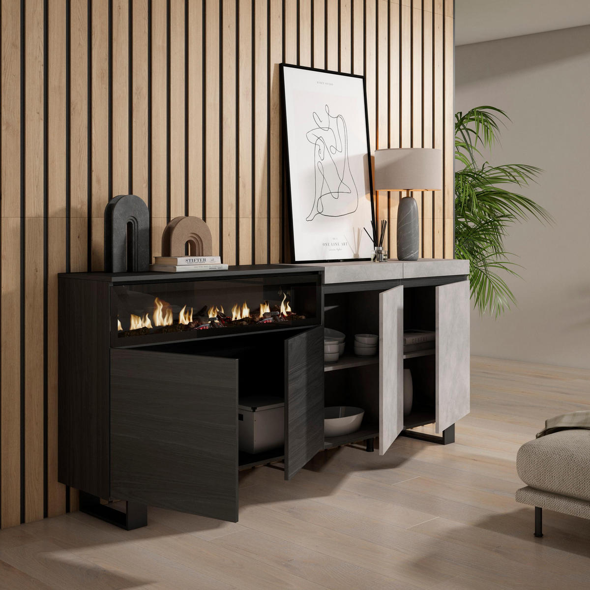 SIDEBOARD Elektrokamin, zementgrau, 200/35/87cm - Robinienfarben/Grau, Holzwerkstoff (200/87/35cm) - Skraut Home