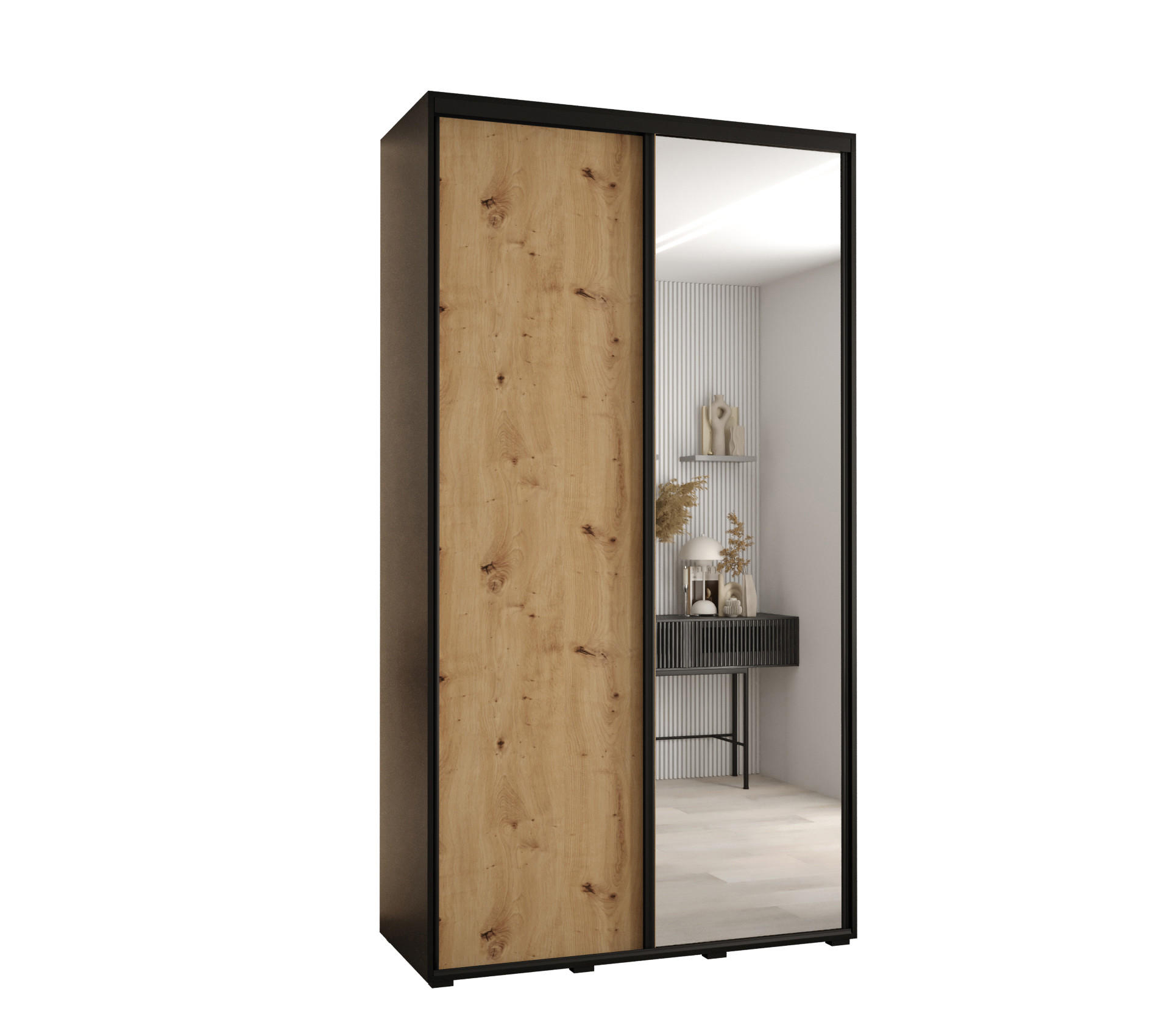 Abiks Möbel Schwebetürenschrank Schwarz, Eiche Artisan, Schwarz 140x235x60 cm