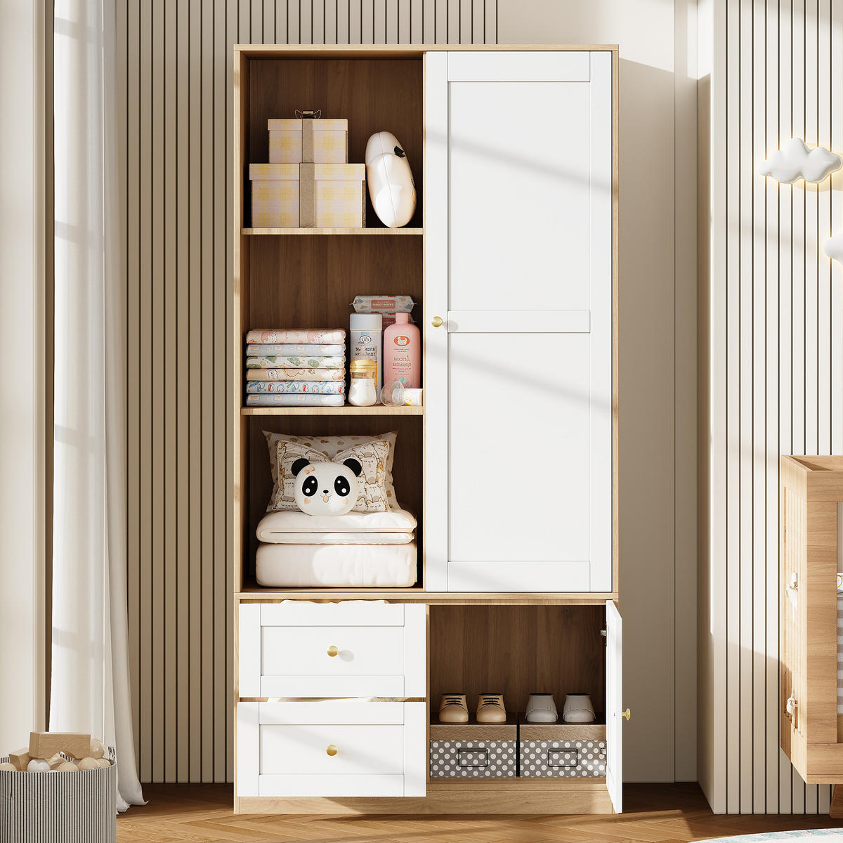 KLEIDERSCHRANK in Weiß und Naturfarben mit Schiebetüren für Schlafzimmer und Flur, B90/T50/H180 cm - Weiß/Naturfarben, Holzwerkstoff/Metall (90/180/50cm) - STILVORA