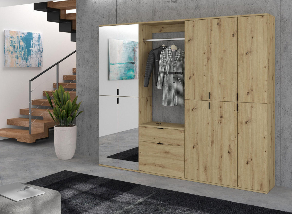 GARDEROBENSCHRANK Eiche 122 cm, Flurschrank mit Spiegel - Chromfarben/Schwarz, Glas/Holzwerkstoff (122/193/34cm) - Inn.Furn