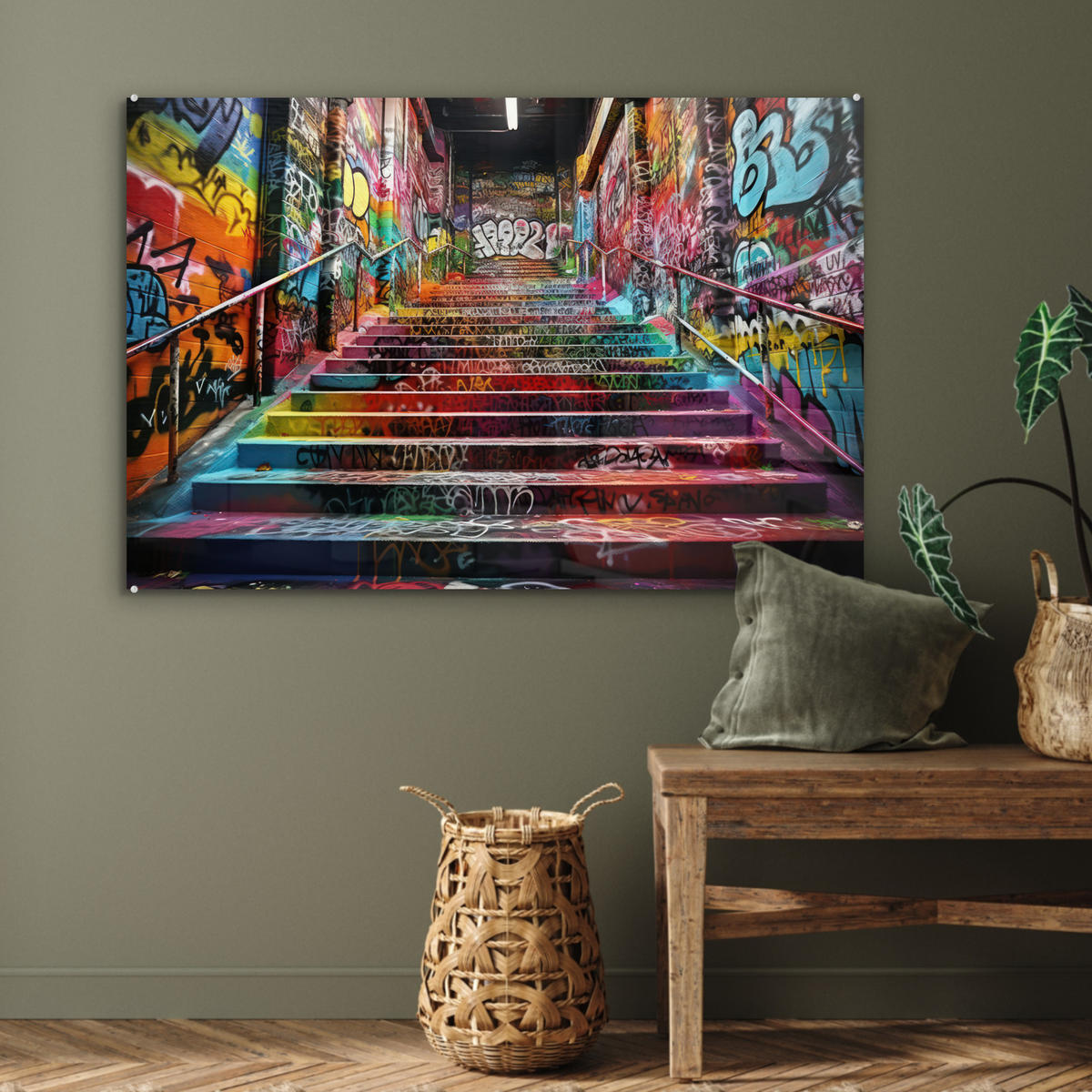 ACRYLGLASBILD Treppe - Graffiti - Farben - Kunst 90x60 cm - Multicolor, Glas (90/60cm) - MuchoWow
