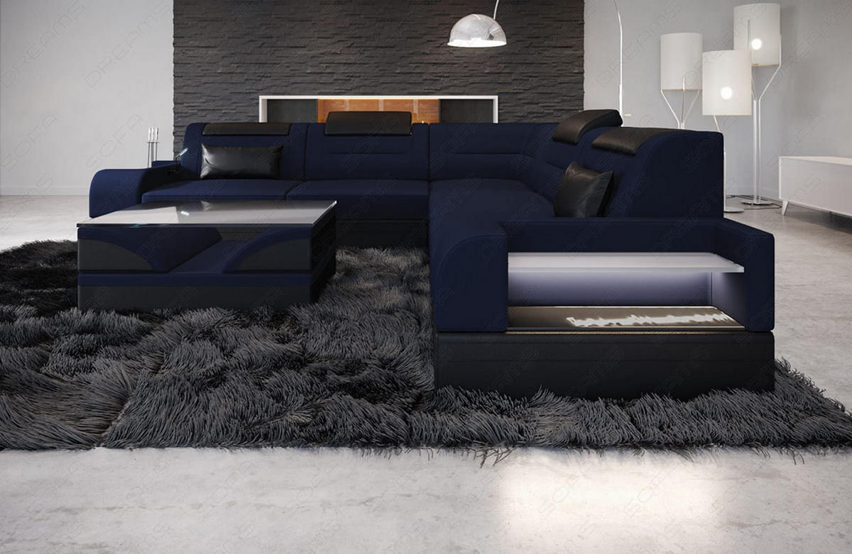 COUCH Trivento L-Form Dunkelblau Schwarz Mikrofaserstoff - Dunkelblau, Kunststoff (274/274cm)