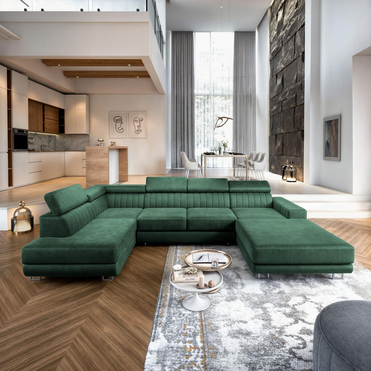 WOHNLANDSCHAFT SIENA R-S Grün Velours-Stoff mit Schlaffunktion - Grün, Holz (335/89/190cm) - MASSENO