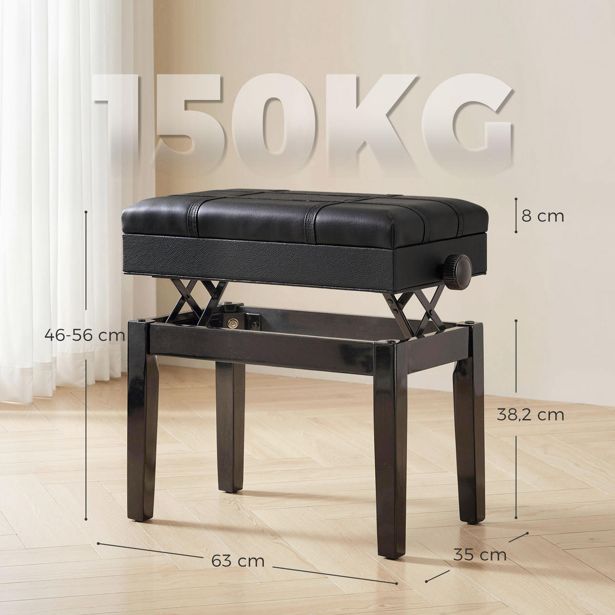 HOCKER DE-16370 höhenverstellbar mit integriertem Fach Schwarz - Schwarz, Metall (35/56/63cm) - ComfortXL