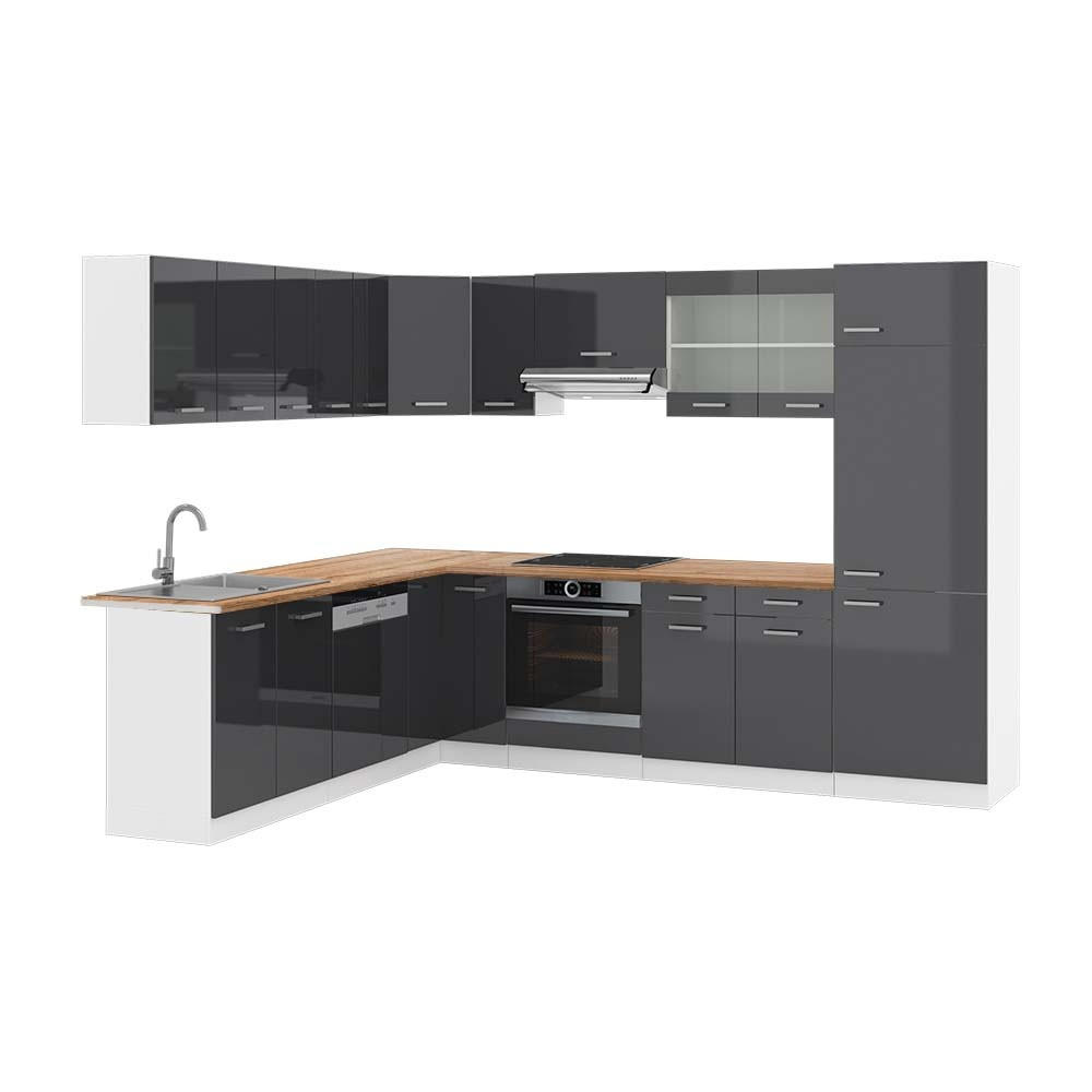 ECKKÜCHE R-Line, Anthrazit Hochglanz/Weiß, 287 x 227 cm, AP Eiche - Schwarz Hochglanz/Weiß, Holzwerkstoff (287/206.8/60cm) - Vicco