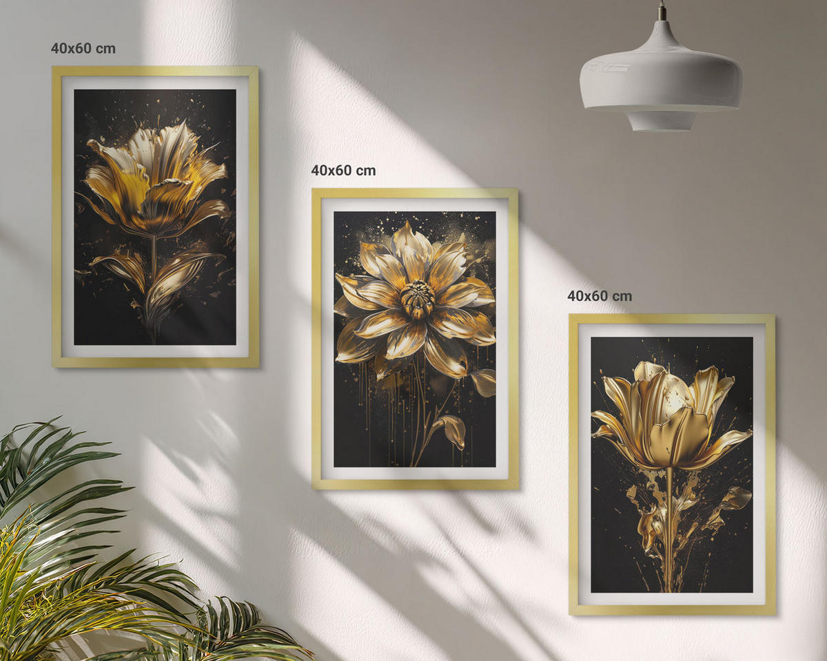 WANDBILDER 3er Set - 40x60 cm Goldrahmen - Gelbe Blüten auf dunklem Hintergrund - Goldfarben, Kunststoff (40/60cm) - ArtPrintCave