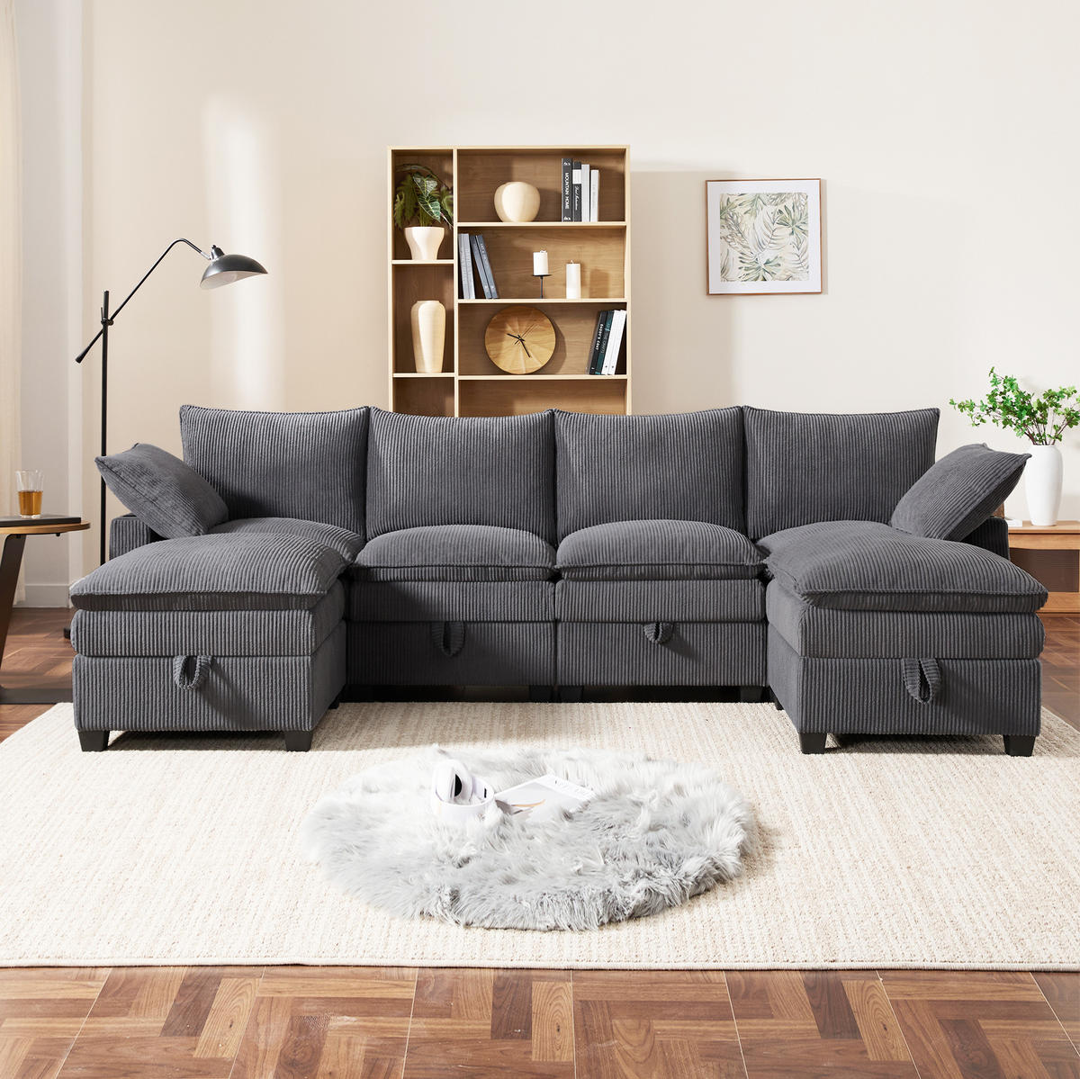 MODULÁRNÍ rohová pohovka 280/151/82 cm s USB, úložným prostorem a 2 taburety, manšestr, Šedá - šedá, textil/plast (82/280/151cm) - Redom