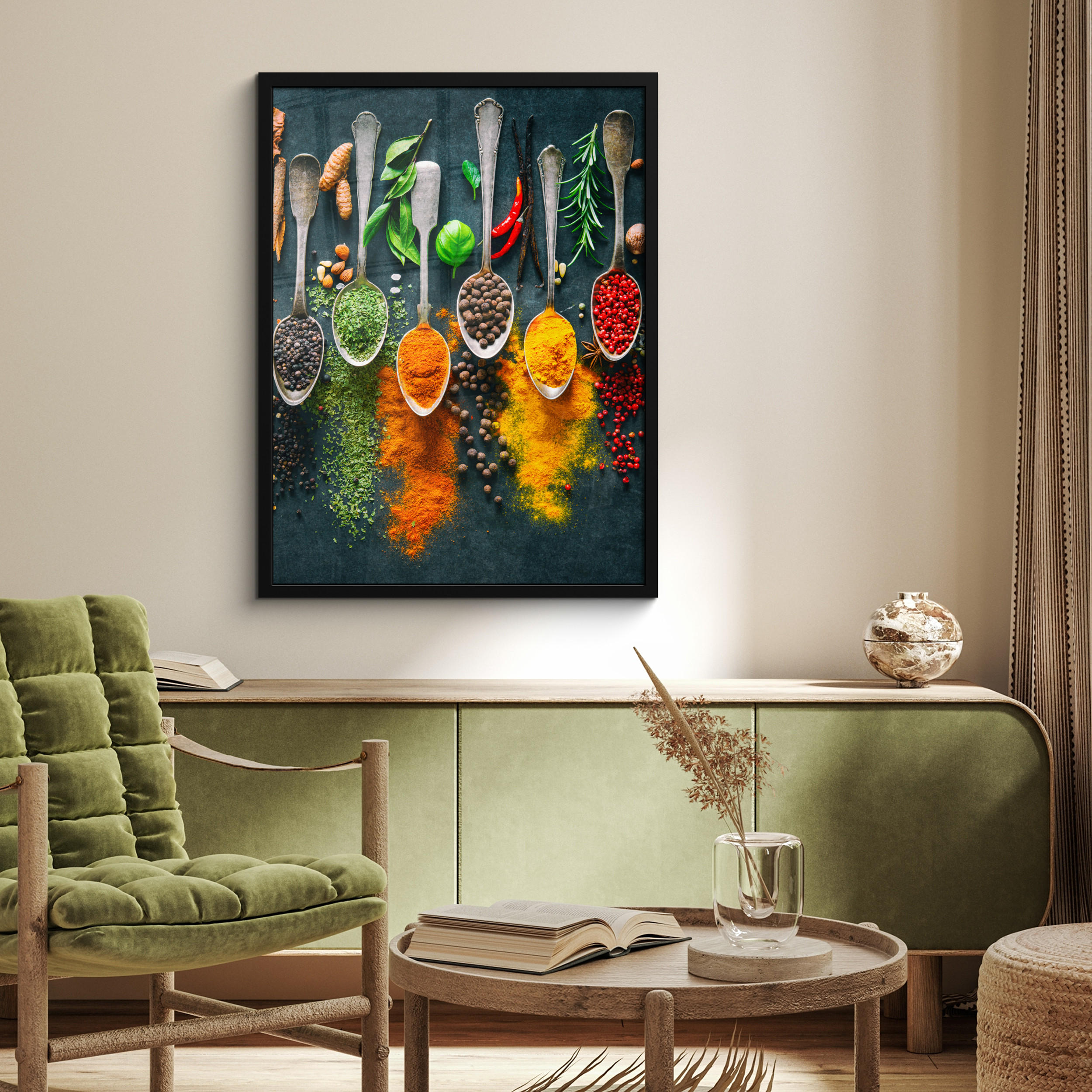 GERAHMTES BILD Kräuter - Gewürze - Löffel 60x80 cm - Currygelb, Papier (60/80cm) - MuchoWow